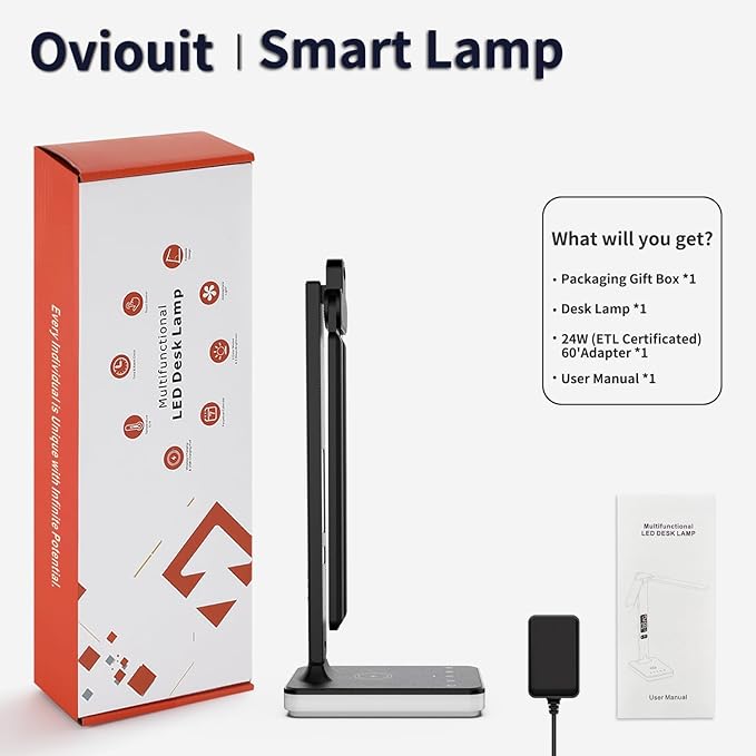 LED Desk Lamp with Wireless Charger, USB Charging Port, Dual Swing Arm Desk Light with 5 Brightness, 3 Colors, Table Lamp with Clock, Alarm, Date, Temperature, Desk Lamp for Home Office Study (Black)