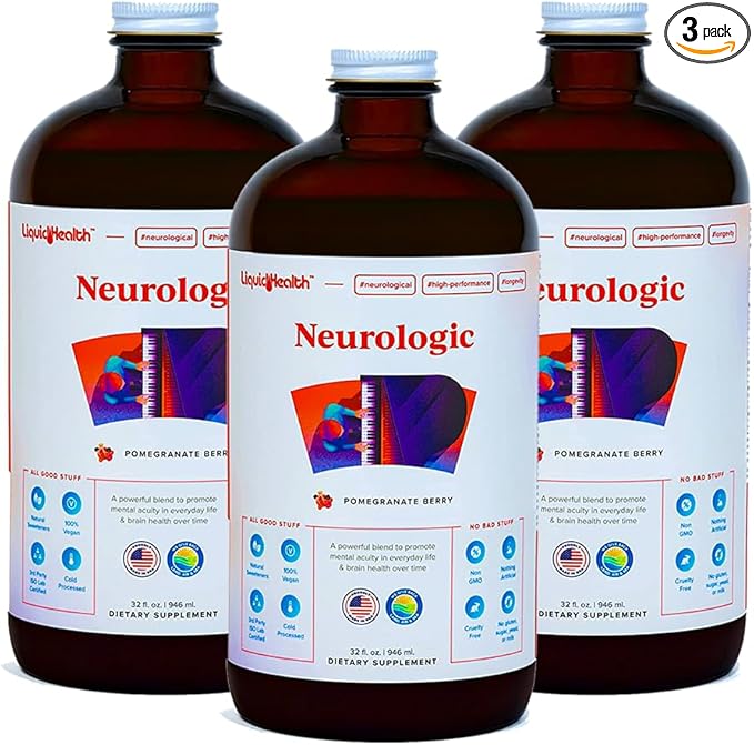 LIQUIDHEALTH Neurologic Focus Supplement - Brain Booster Nootropic Supplement for Cognitive Function, Memory & Focus with Ginkgo Biloba, Choline, L-Theanine & Phosphatidylserine - USA Made (3 Pack)