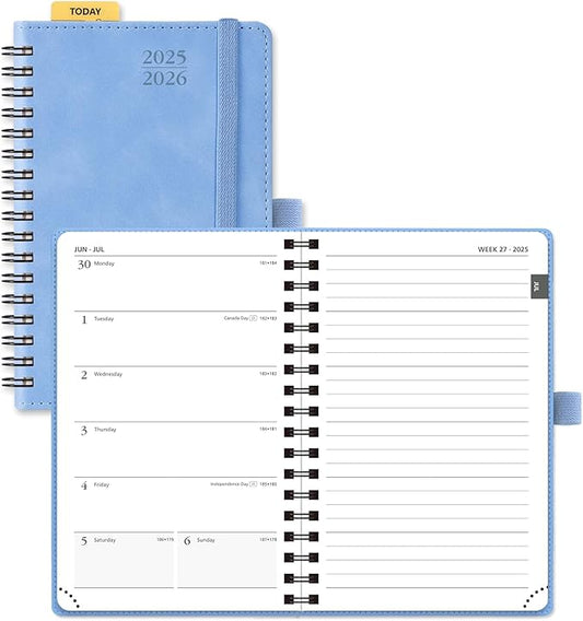 POPRUN Planner 2025-2026 Weekly Notebook (Pocket Size 4''x 6.25''), Small Academic Calendar for Purse with Spiral Soft Cover, Plastic Ruler, Inner Pocket, 100 GSM - Cerulean Blue