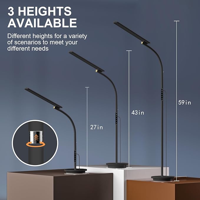 Light Therapy Lamp 10000 LUX UV-Free Happy Lamp,3 Heights Desk & Floor Sun Lamp, 5 Colors & 5 Brightness Levels with Timing Function (Black)