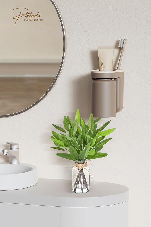 13" Fake Eucalyptus Stems in Vase with Faux Water,Artificial Plants Leaves for Shelf Desk Bathroom Farmhouse Room Coffee Table Home Decor (Eucalyptus-Pointed Leaf)