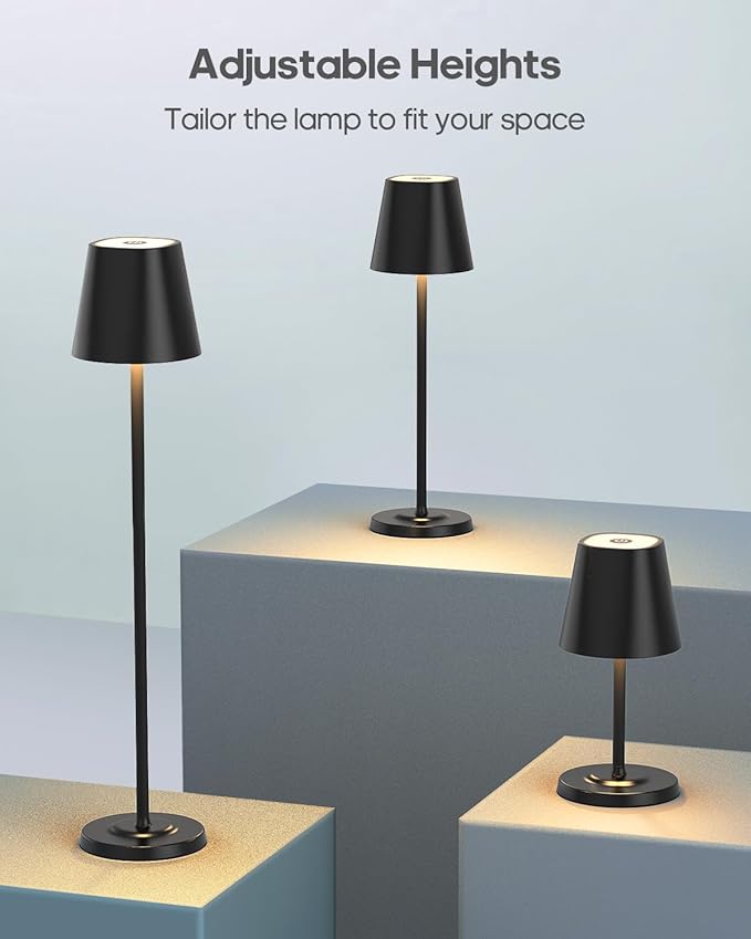 LED Cordless Table Lamp Rechargeable, 3-Height Adjustable, 5500mAh Battery Operated Lamp, 3-Color Dimming Touch Lamp, Portable Lamp for Dining, Bedroom,Camping, Outdoor, Indoor(Black 1 Pc)