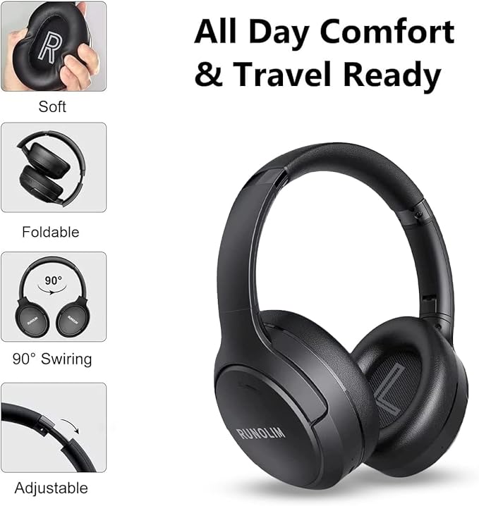 RUNOLIM Hybrid Active Noise Cancelling Headphones, Wireless Over Ear Bluetooth Headphones with Microphone, 70H Playtime, Foldable Headphone with HiFi Audio, Deep Bass for Home Travel Office