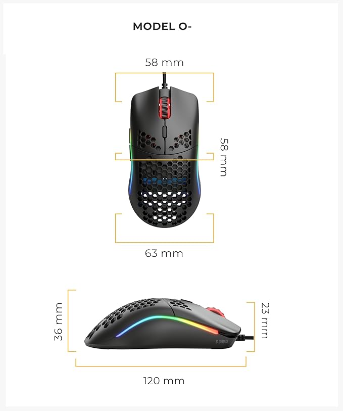 Glorious Model O- (Minus) Compact Wired Gaming Mouse - 58g Superlight Honeycomb Design, RGB, Pixart 3360 Sensor, Ambidextrous, Omron Switches - Glossy Black