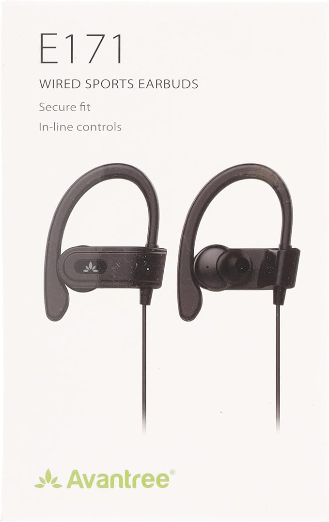 Avantree E171 - AUX 3.5mm Wired Earbuds with Microphone & in-Line Volume Control, Compatible with Traditional 3.5mm AUX Phones Corded Headphones with Ear Hook for Running & Sports, Black