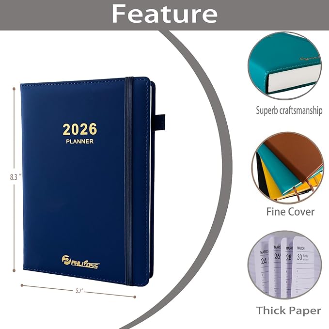 Daily Planner 2026 / Appointment Book, One Page Per Day, Jan - Dec 2026, Annual Daily Monthly Calendar Planner with Hourly Schedule and Monthly Tabs, 5.7" x 8.3" Agenda (Navy Blue)