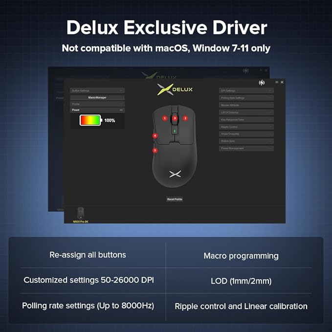 DeLUX M900PRO Wireless Gaming Mouse, 8000Hz Polling Rate, RGB Charging Dock, 63g Ergonomic Design, PAW3395 Sensor with 26000DPI, Programmable Buttons (Blue)