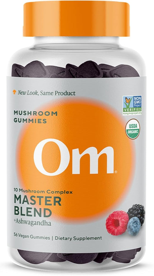Om Master Blend Mushroom Gummies - Organic Mushroom Supplement with 10 Mushrooms and Ashwagandha – Support Immunity, Gut Health & Stress Relief, 56 Count (28 Servings), Mixed Berry Flavor