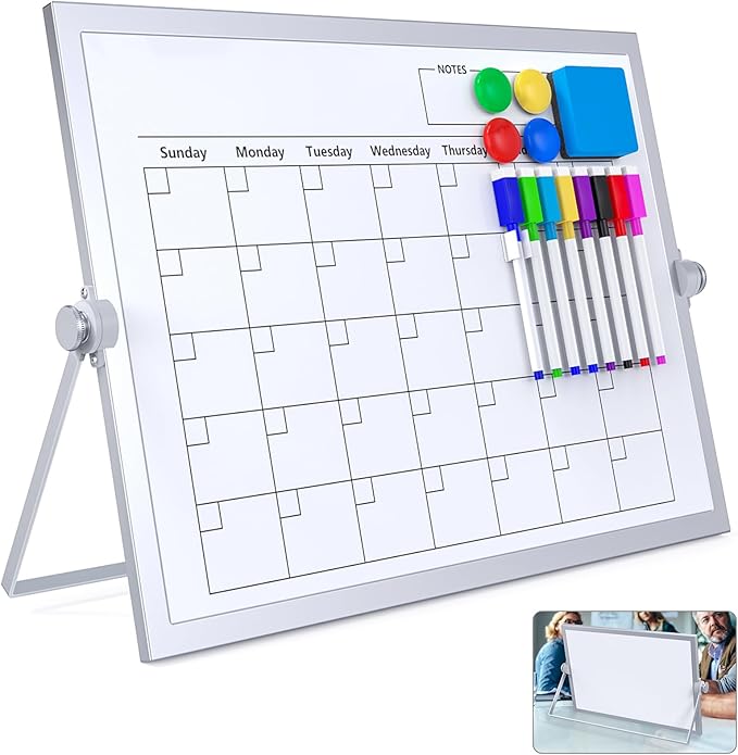 Dry Erase White Board, 16X12IN Magnetic Desktop Whiteboard Calendar with Stand, 8 Markers, 4 Magnets, 1 Eraser, Portable Double-Sided White Board Easel for Kids Memo to Do List Desk
