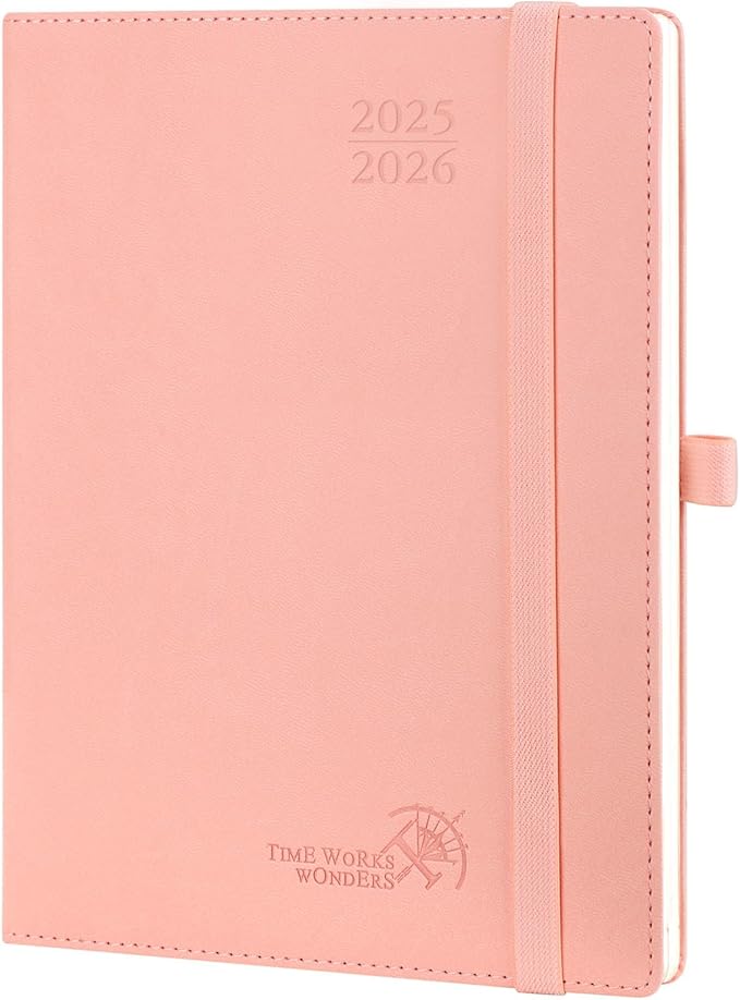 POPRUN Planner 2025-2026 (Medium - 6.5'' x 8.5'') Academic Weekly Calendar (July 2025 - June 2026) with Hourly Time Slots, Monthly Tabs, 100GSM Thick Papers, Leather Soft Cover - Pink