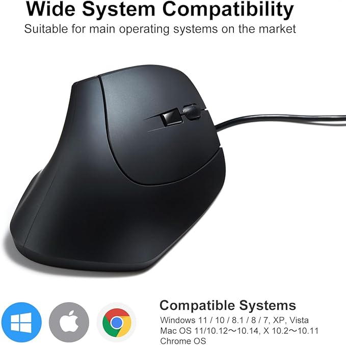 SANWA Wired Ergonomic Mouse, Optical Vertical Computer Mice, Reduce Wrist Strain, (1000/1600 Adjustable DPI, 6 Buttons) Compatible with MacBook, Laptop, Desktop, Windows, Mac OS for Office & Gaming