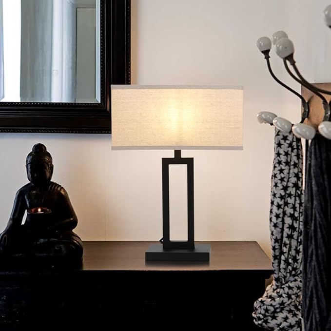 Yosoan Linen Indoor Rectangular Table Lamp, Dimmable Black 65.8" Power Cord Cutout Linen Fabric Shade for Bedroom Hotel Study