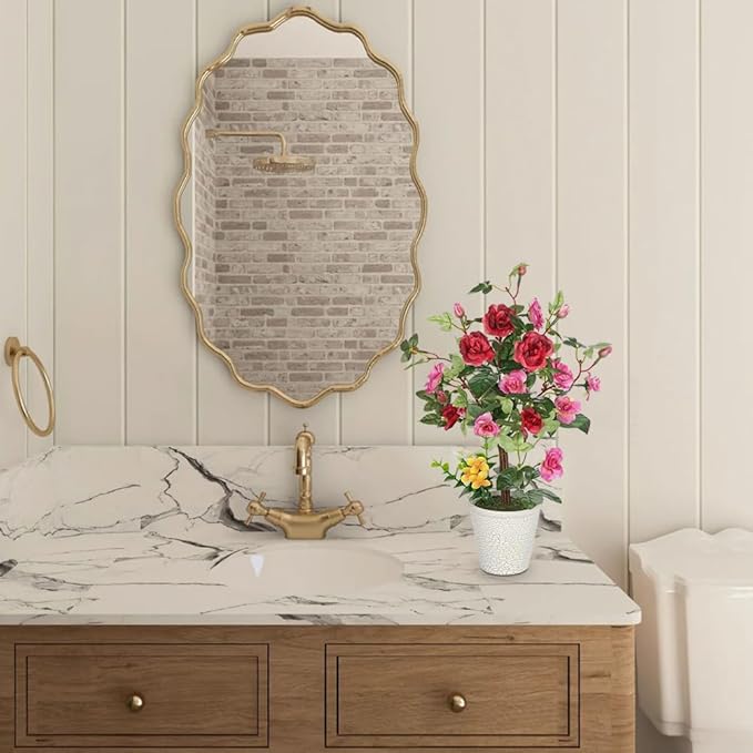 Hollyone Artificial Plants & Flowers in Vase Red Camellia Roses Faux Flower Plant Arrangement with Pot Fake Rose Flowers Home Decor Office Bathroom Shelf Desk Table Decoration