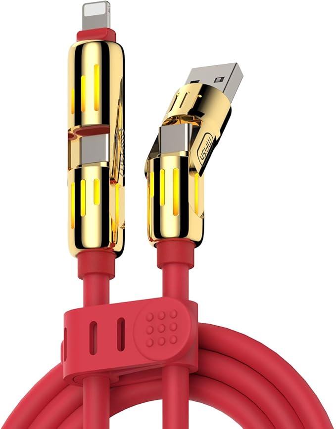 MFish 4-in-1 Universal USB Charging Cable with Carrying Case – 240W Max Fast Charger Cord, USB-A, Dual USB-C & Lighting, for iPhone 14/15/16/17 Series, iPad & MacBook and More (Red, 6.6Ft)