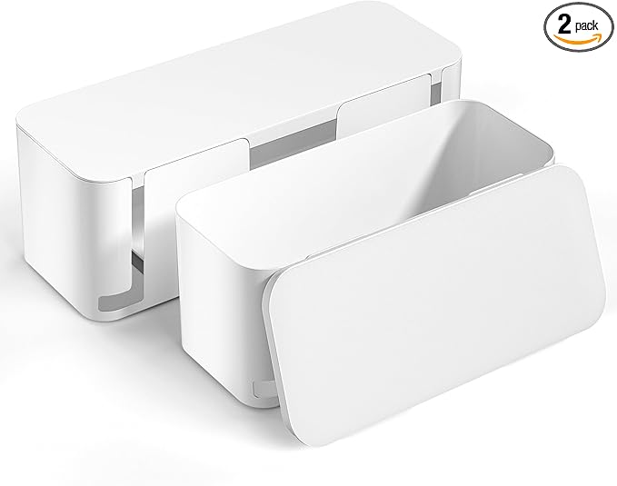 YECAYE 2 Pack Cable Management Box, Pet Friendly Cord Organizer Box for Home & Office, Child-Proof Cable and Power Strip Protector Box, Wire Hider and Cord Organizer for Desk, White