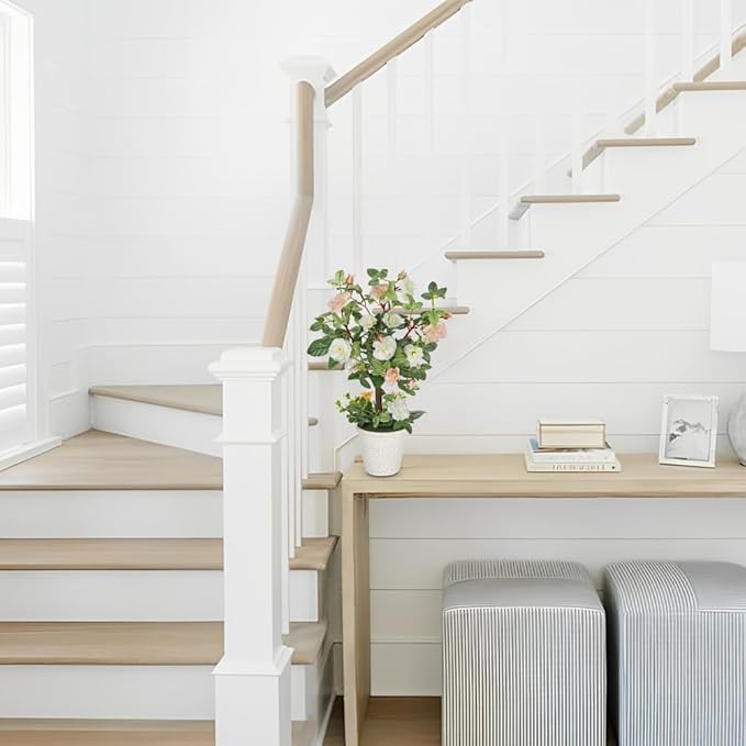 Hollyone Artificial Plants & Flowers in Vase White Camellia Roses Faux Flower Plant Arrangement with Pot Fake Rose Flowers Home Decor Office Bathroom Shelf Desk Table Decoration