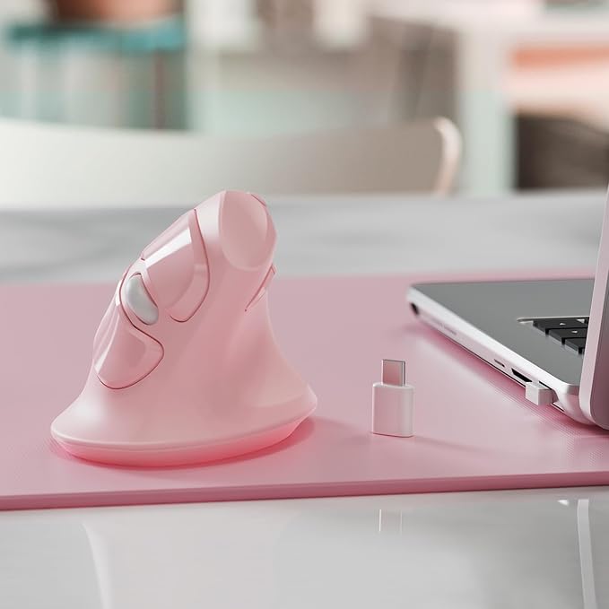 MicroPack Ergonomic Mouse, Vertical Wireless Mouse with USB A & Type-C Receiver, Ergo Design Reduces Muscle Strain, 6 Buttons 800/1200/1600 DPI Mouse for Windows, Mac, PC, Laptop, Pink