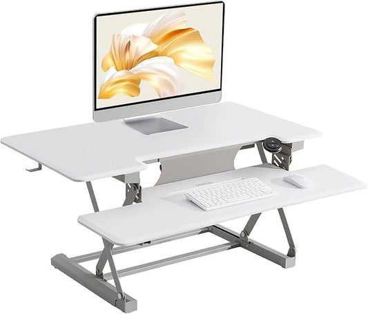 29" Electric Standing Desk Converter, Dyropcurv Series Height Adjustable Computer Desk Ergonomic Home Office Desk for Adults, Sit to Stand Desk with Quiet Motor, White
