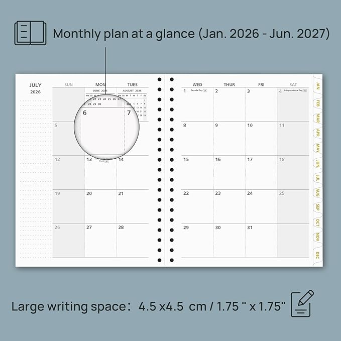 POPRUN Monthly Planner 2026-2027 Spiral Hardcover (8'' x 10''), 18 Months Calendar (Jan.2026-Jun.2027) - 2 Pages per Month with Dotted Note Pages, Sunday Start, Laminated Tab - Midnight Green