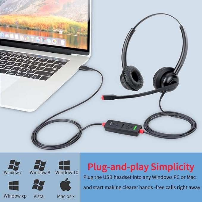 USB Headset with Mic for PC Computer Laptop Headphones with Noise Cancelling Microphone in-line Control for Home Office Online Class Skype Zoom
