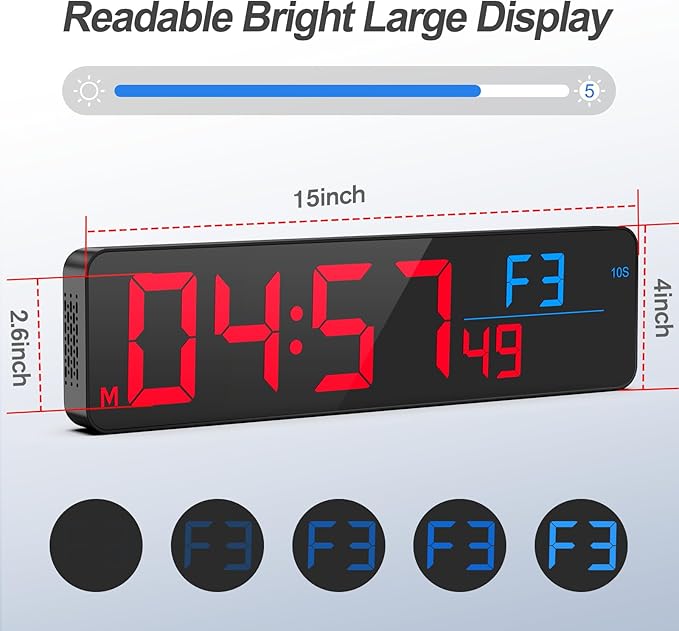 ANJANK 15" Large Gym Timer, LED Digital Wall Clock with Seconds, Timing for Workout, Interval & Rounds, Countdown/Up/Stopwatch/12-Level Volume, Remote Control for Home, Garage, Gym, Crossfit, Fitness