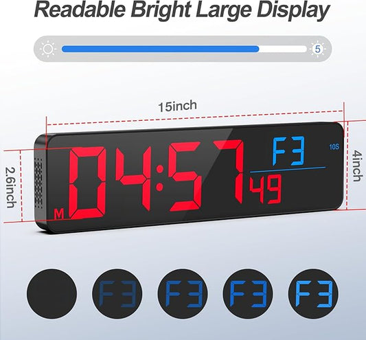 ANJANK 15" Large Gym Timer, LED Digital Wall Clock with Seconds, Timing for Workout, Interval & Rounds, Countdown/Up/Stopwatch/12-Level Volume, Remote Control for Home, Garage, Gym, Crossfit, Fitness
