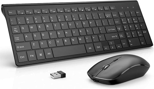 Rechargeable Wireless Keyboard and Mouse Combo- J JOYACCESS 2.4G Compact Quiet Slim Wireless Keyboard Mouse Combo for Laptop,PC,Desktop,Computer,Windows- Black
