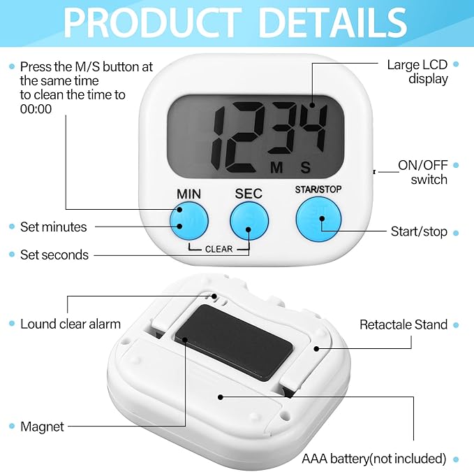 Weewooday 24 Pcs Digital Kitchen Timer Magnetic Timer Bulk On/Off Switch Minute Second Count up Countdown Loud Alarm for Exercise Cook Baking (Black,White)