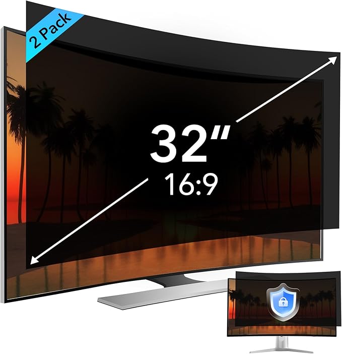 2 Pack 32 inch Computer Privacy Screen Filter for 16:9 Aspect Ratio Widescreen Monitor,32in Curved Computer Monitor Privacy Shield Anti Glare Blue Light Eye Protection, Anti-Scratch Removable Protector Film