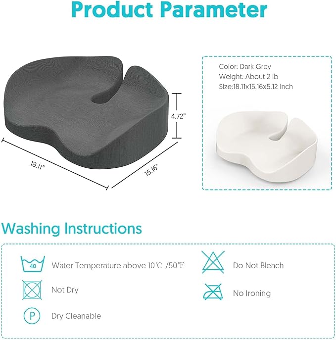 Seat Cushion for Office Chairs - Tailbone & Sciatica & Hip & Coccyx & Low Back Pain Relief Pillow - Memory Foam Pressure Relief Cushion for Long Sitting for Gaming, Compute, Desk Chair, Car Seat