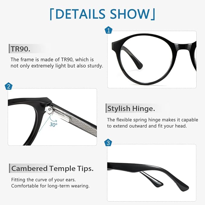 Cyxus TR90 Oversized Blue Light Blocking Glasses Women - Spring Hinge Round Frame Computer Use Anti Eye Strain 8018