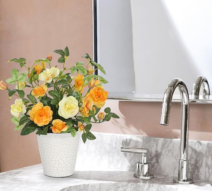 Hollyone Artificial Plants & Flowers in Vase Yellow Camellia Roses Small Faux Flower Plant Arrangement with Pot Fake Rose Flowers Home Decor Office Bathroom Shelf Desk Table Decoration