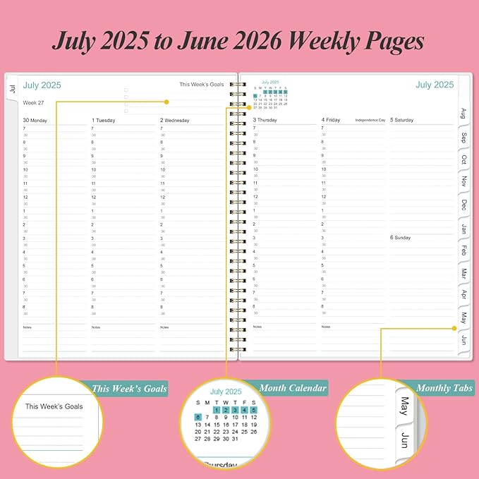 2025-2026 Appointment Book & Planner - 8.5" x 11" Daily Hourly Planner 2025 from July 2025 - June 2026, Weekly Appointment Book with 30-Minute Interval, Pink