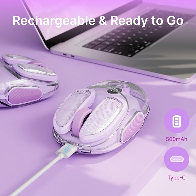 EWEADN Q9 Wireless Clear Mouse Dual Mode Bluetooth & 2.4G USB Computer Mouse with RGB Lighting, Silent Clicks, Multi-Device Compatibility for Laptop, PC, MacBook, iPad Cute Mouse-Purple