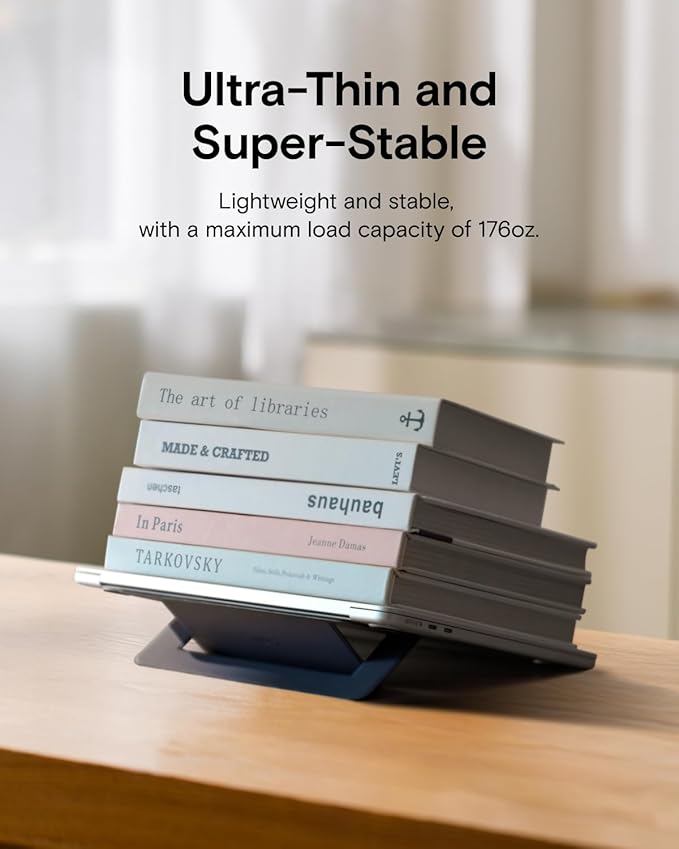 MOFT Laptop Stand for Desk, Adhesive Airflow Laptop Cooling Riser for Heat Dissipation with 2 Adjustable Viewing Angles, Foldable & Portable Computer Stand Compatible with Laptops 11"-16", Navy Blue