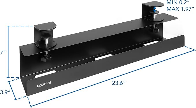 Mount-It! Clamp-On Under Desk Cable Management Tray – No-Drill Metal Cable Organizer for Office & Glass Desks, Secure Wire Management Tray for Power Strips & Cords – Sturdy Desk Cable Tray 23.6” Black