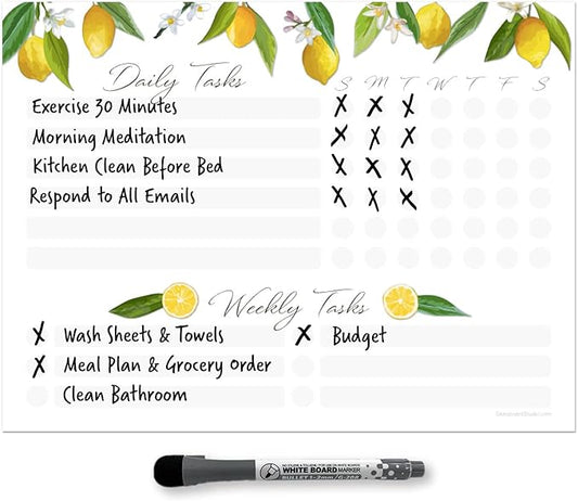 Dry Erase Whiteboard Task Planner | Removable and Restickable Adhesive Decal | Fine-Tip Magnetic Marker Included (9 x 12 inches, Lemon)
