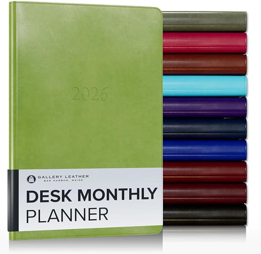 Gallery Leather Desk Monthly Planner 2025-2026, Elegantly Bound Calendar Planner and Notebook with Stylish Gold-Gilded Page Edges, 18 Months - Acadia Lime - 8x5.5”