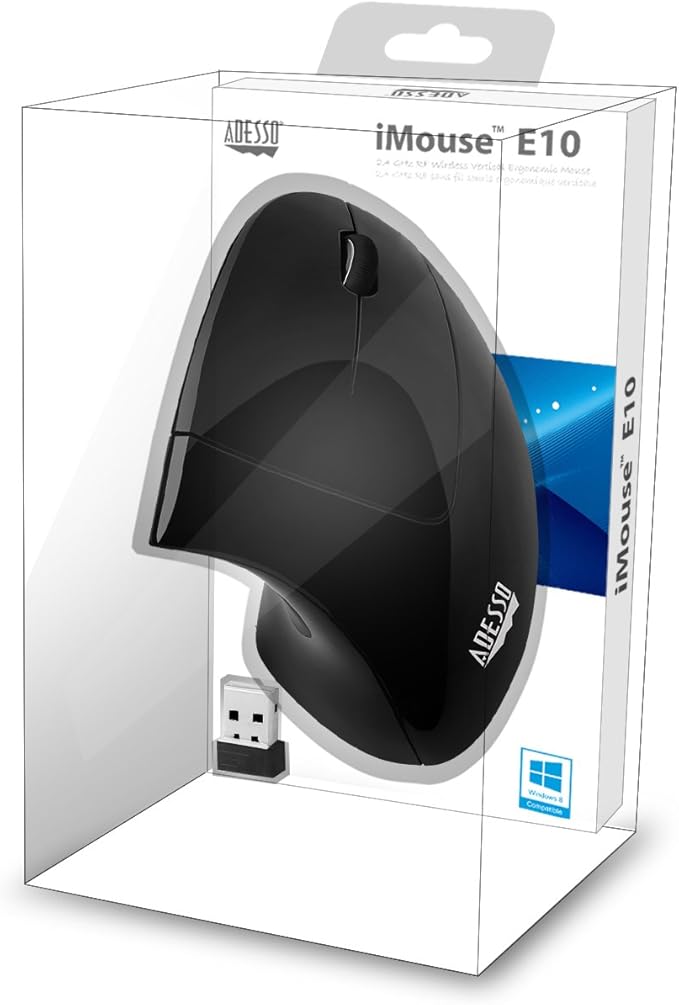 Adesso iMouse E10 - Vertical Ergonomic Optical 6-Button 2.4 GHz RF Wireless Mouse - Right Hand Orientation, Black