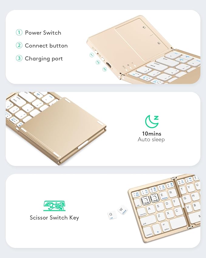 Samsers Foldable Bluetooth Keyboard with Touchpad - Portable Wireless Keyboard with Holder, Rechargeable Full Size Ultra Slim Pocket Folding Keyboards for Android Windows iOS Tablet & Laptop - Gold