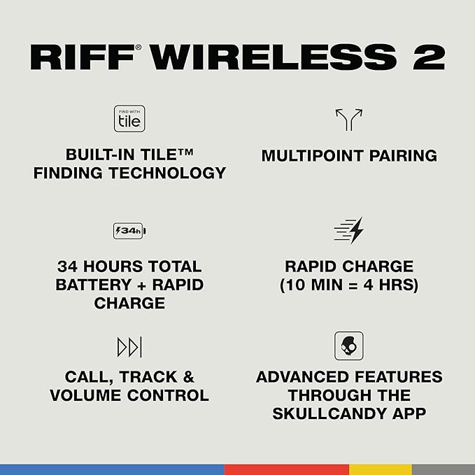 Skullcandy Riff 2 Wireless On-Ear Bluetooth Headphones, Up to 34 Hrs Battery, Foldable Lightweight Design, Convenient for Travel with Backup 3.5mm AUX Cable, Microphone for iPhone Android - True Black