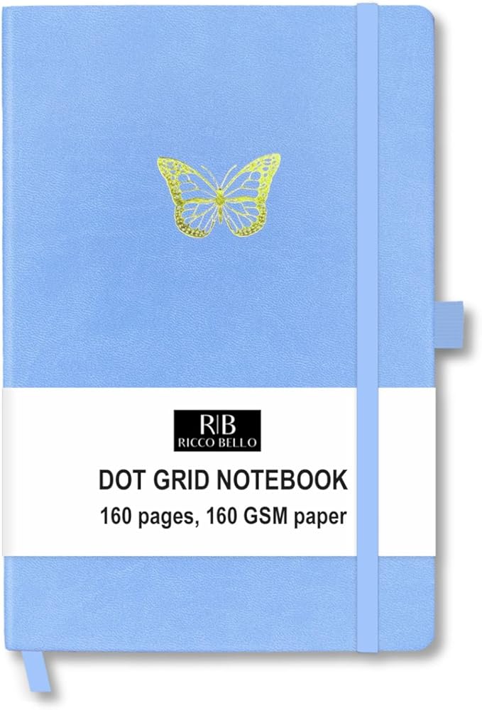 RICCO BELLO Hardcover Dot Grid Journal Notebook, Lay Flat Design, Pen Holder, 5.7 x 8.4 inches, Thick 160 gsm Paper, 80 sheets/160 pages (Blue Butterfly)