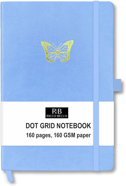 RICCO BELLO Hardcover Dot Grid Journal Notebook, Lay Flat Design, Pen Holder, 5.7 x 8.4 inches, Thick 160 gsm Paper, 80 sheets/160 pages (Blue Butterfly)