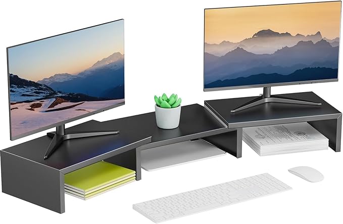 Dual Monitor Stand for Desk, Metal Computer Stand, Desk Shelf Riser,Desktop Organizer for Home and Office Use (Black)
