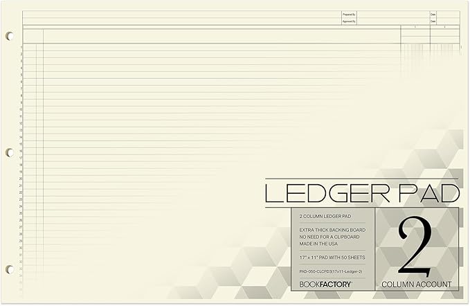 BookFactory Ledger Pad/Large 2 Column Accounting Ledger Columnar (Two Columns) Pads - 17'' x 11'', 50 Pages, Notepad Landscape Format (PAD-050-CLCPD3(17x11-Ledger-2)-AX)
