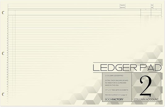 BookFactory Ledger Pad/Large 2 Column Accounting Ledger Columnar (Two Columns) Pads - 17'' x 11'', 50 Pages, Notepad Landscape Format (PAD-050-CLCPD3(17x11-Ledger-2)-AX)