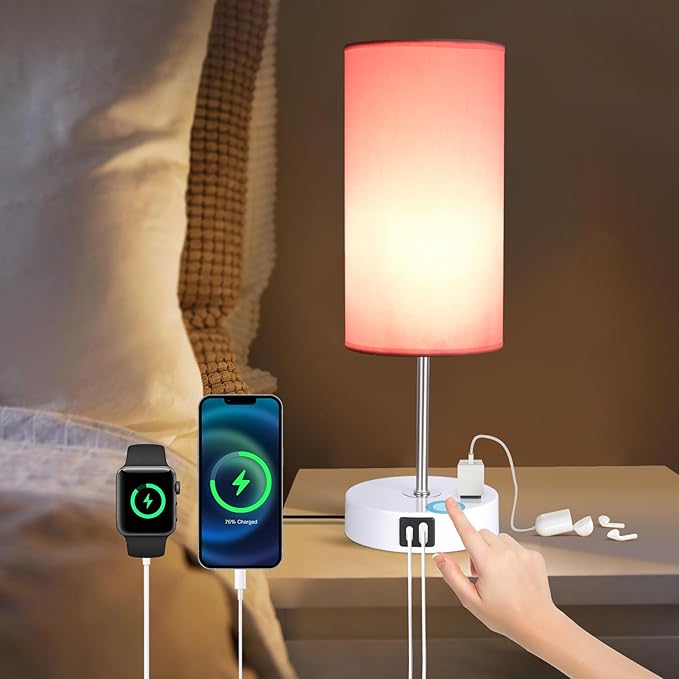 Table Lamp with USB Port - Desk Lamp Touch Lamp Bedside Lamps for Bedroom, 3 Way Dimmable Small Lamps for Living Room, Nightstand, Nursery, Dorm, Home, Office, White Base+ Pink Lampshade