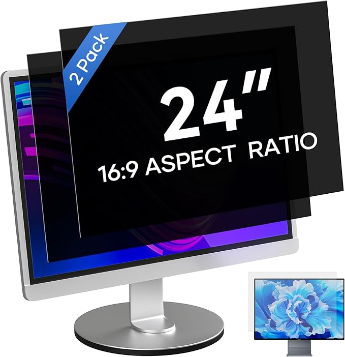 [2 Pack] 24 Inch; Computer Privacy Screen for 16:9 Aspect Ratio Widescreen Monitor, Eye Protection Anti-Glare Blue Light Computer Privacy Filter, Detachable Scratchproof