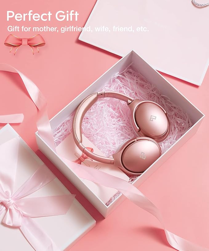 INFURTURE Rose Gold Active Noise Cancelling Headphones with Microphone Wireless Over Ear Bluetooth Headphones, Deep Bass, Memory Foam Ear Cups, Quick Charge 90H Playtime, for Travel/Sports/Audiobooks