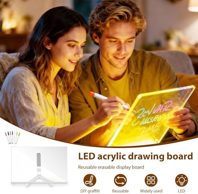 LED Note Board with Colors, 2026 New Creative Rewritable Acrylic LED Message Board, Luminous Acrylic Message Board Colors Notepad with Stand and 7 Pens for Office School Home (M(8"*8"))
